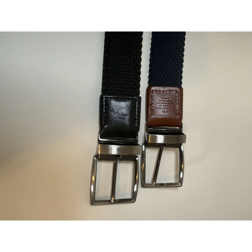 2- TOMMY BAHAMA MENS REVERSIBLE BELT | G13 L/XL (42-44) Stretch Black, Blue, Tan